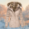 Giacca invernale imbottita beige con cappuccio in pelliccia sintetica